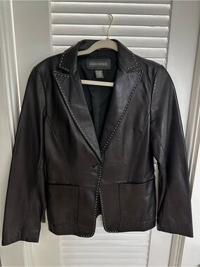 Banana Republic Black Leather Notched-Lapel Blazer with Stitch Trim